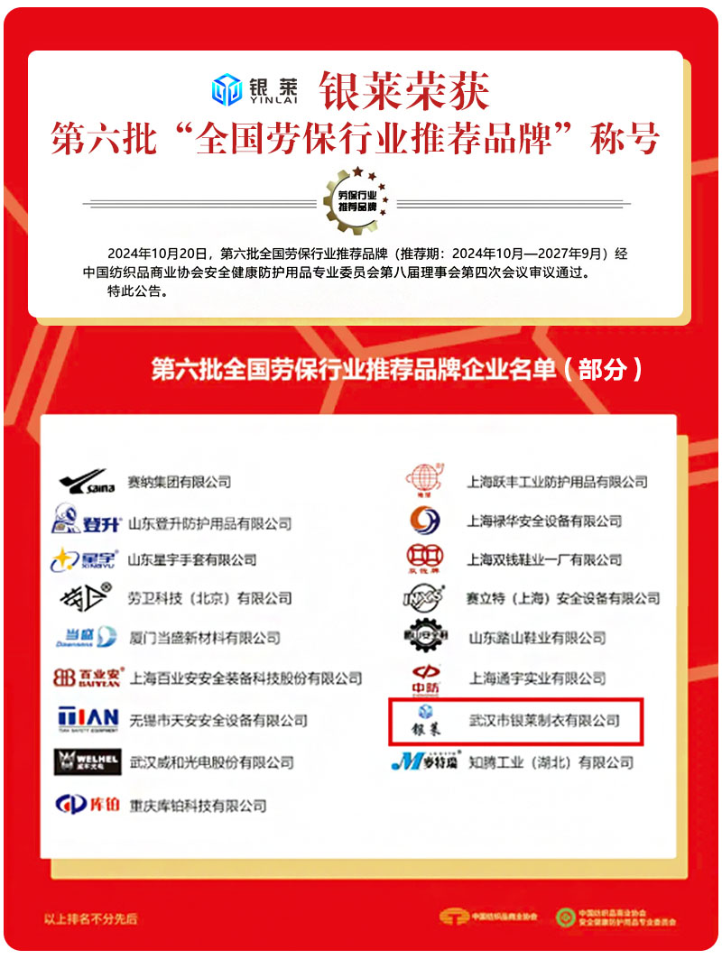 銀萊榮獲第六批“全國(guó)勞保行業(yè)推薦品牌”稱(chēng)號(hào)